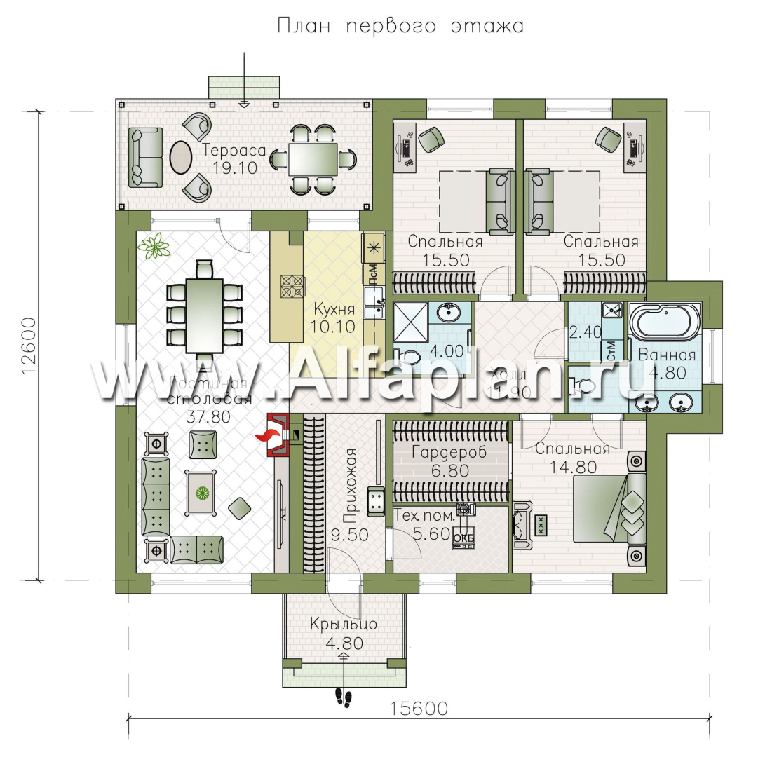 Проекты домов Альфаплан - «Покровка» - стильный одноэтажный коттедж - план проекта №1