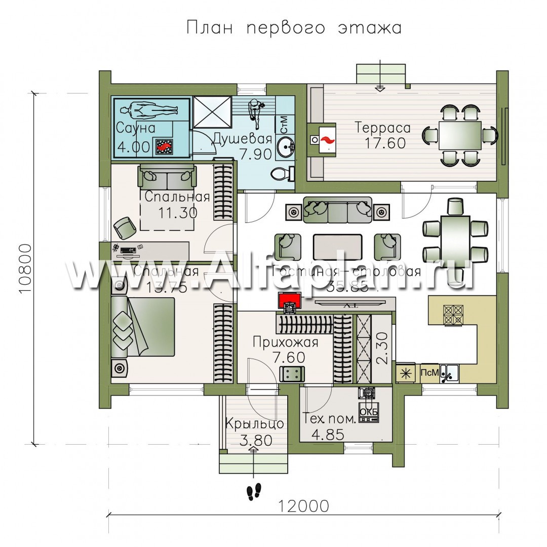 «Альфа» - проект одноэтажного каркасного дома, с сауной и с террасой - план дома