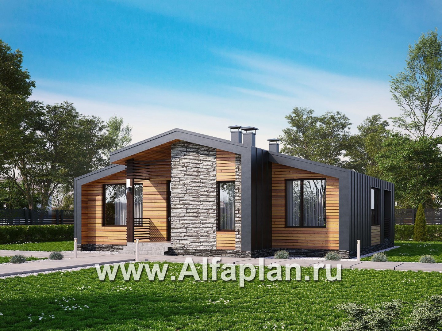 «Альфа» - проект одноэтажного каркасного дома, с сауной и с террасой - основное изображение