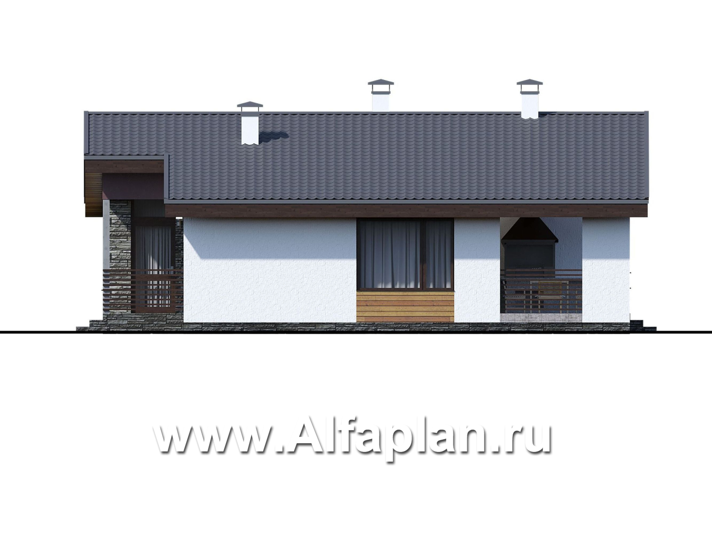 Проекты домов Альфаплан - «Дзета» - одноэтажный каркасный дом с просторной гостиной-столовой - изображение фасада №2