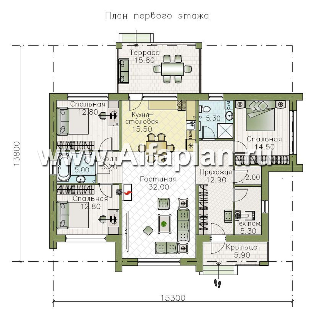 Проекты домов Альфаплан - «Магнолия» — плоскокровельный коттедж с удобной планировкой - изображение плана проекта №1