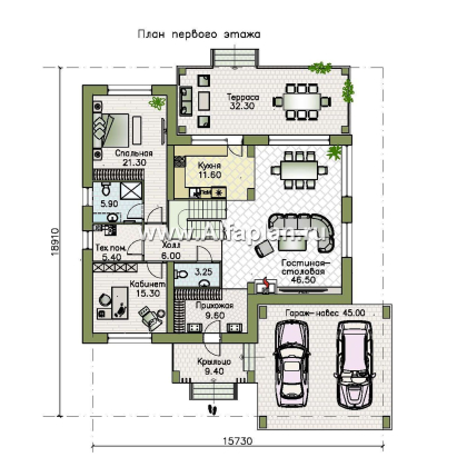 Проекты домов Альфаплан - «Футура» - современный двухэтажный дом с плоской кровлей и гаражом-навесом - превью плана проекта №1