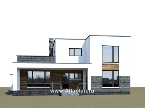 Проекты домов Альфаплан - «Футура» - современный двухэтажный дом с плоской кровлей и гаражом-навесом - превью дополнительного изображения №2