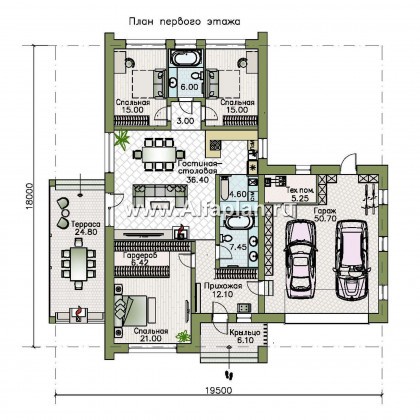Проекты домов Альфаплан - «Аркада» - современный одноэтажный дом с террасой и большим гаражом - превью плана проекта №1