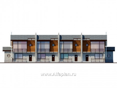 Проект дома с мансардой, современный таунхаус на 4 семьи, в стиле минимализм - превью фасада дома