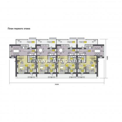 Проект дома с мансардой, современный таунхаус на 4 семьи, в стиле минимализм - превью план дома