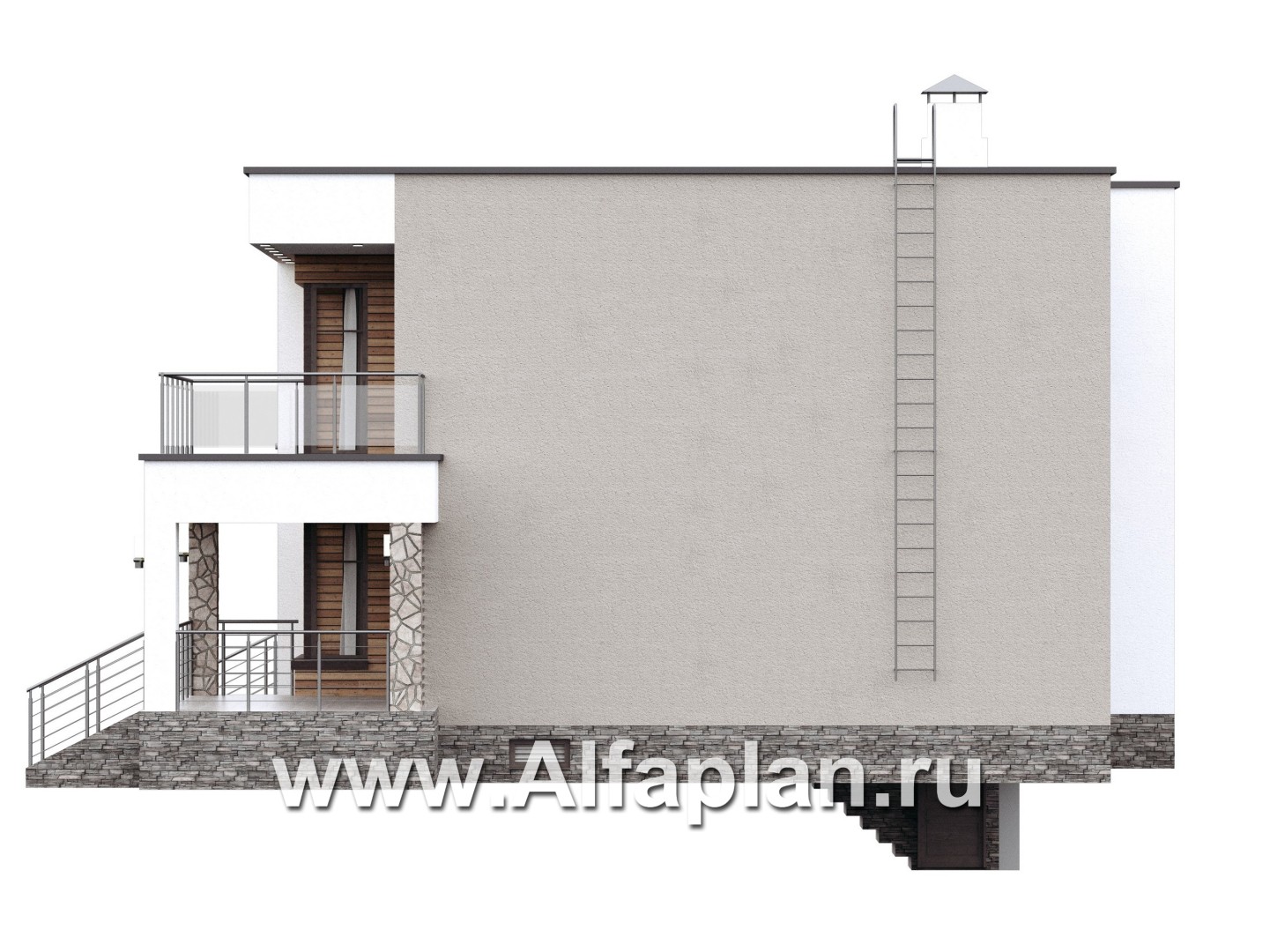 Проекты домов Альфаплан - «Серотонин» - проект современного хай-тек дома с плоской кровлей и цокольным этажом - изображение фасада №2