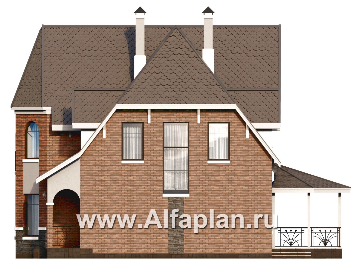 «Аврора» - проект двухэтажного дома из газобетона с эркером и с террасой - фасад дома