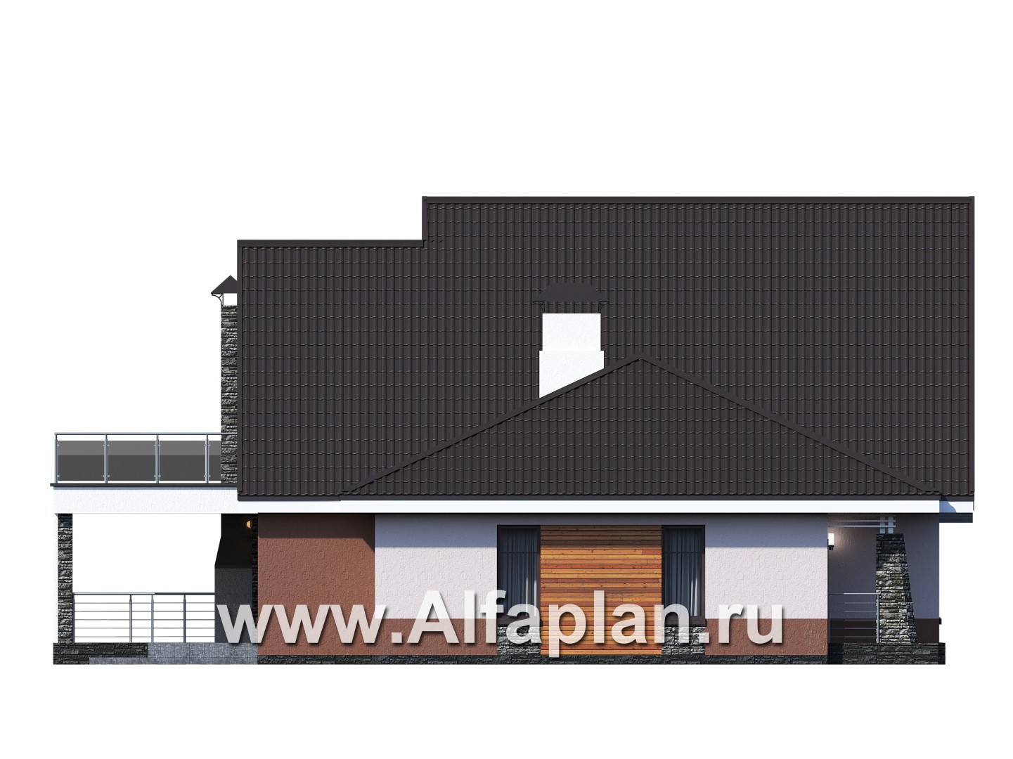 «Амарант» - проект современного коттеджа с мансардой, с террасой и балконом - фасад дома