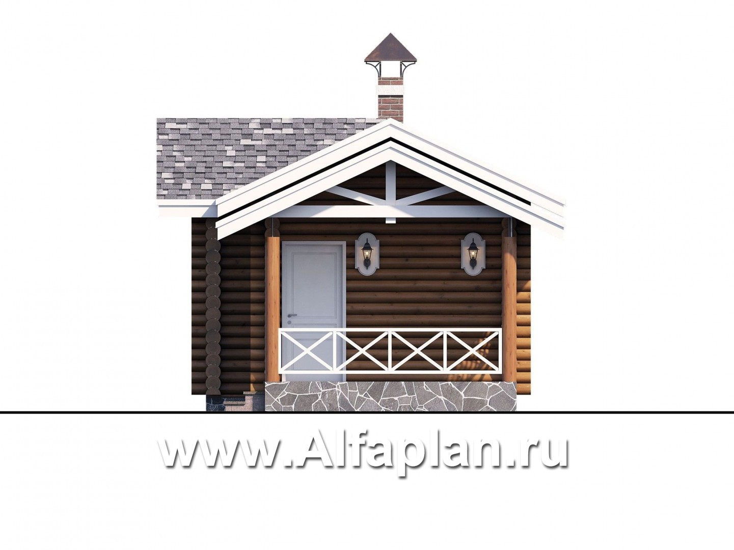 Проект бани, из дерева, из бревен, с террасой, с гостевой спальней, вдоль границы участка - фасад дома