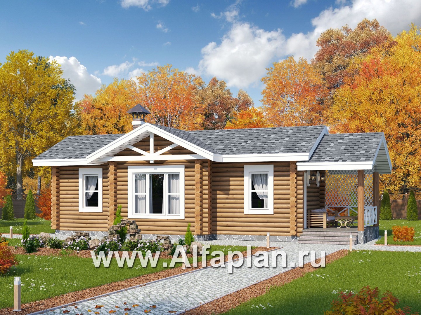 Проект бани, из дерева, из бревен, с террасой, с гостевой спальней, вдоль границы участка - основное изображение