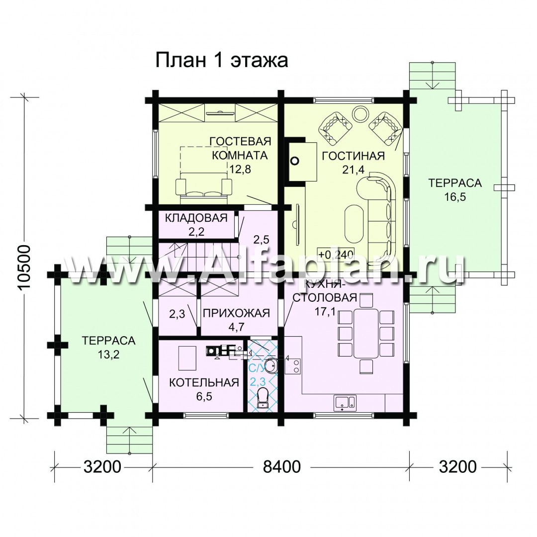 Проект двухэтажного дома из бруса, планировка с кабинетом и с двумя террасами, в современном стиле - план дома