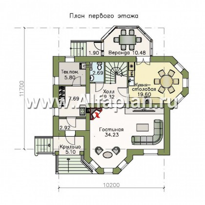 «Успех» - проект двухэтажного дома,  планировка 4 спальни, с верандой и с эркером - превью план дома