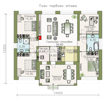 Проекты домов Альфаплан - «Леда» - одноэтажный коттедж с четырьмя комнатами и террасой - превью плана проекта №1