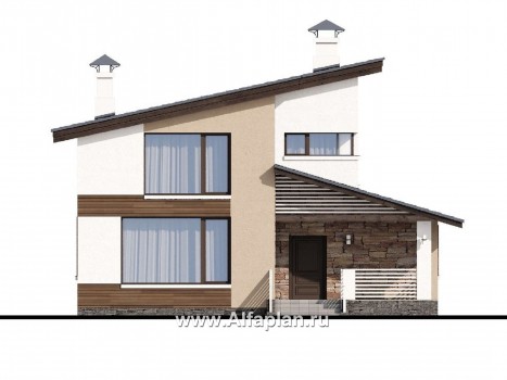 «Западный бриз» - проект двухэтажного дома, планировка с кабинетом на 1 эт, с террасой и сауной, с односкатной крышей в стиле хай-тек - превью фасада дома