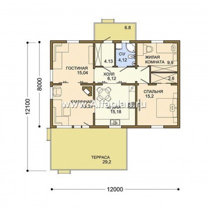 Проект одноэтажного каркасного дома, 2 спальни, с террасой, дача, коттедж для семейного отдыха - превью план дома