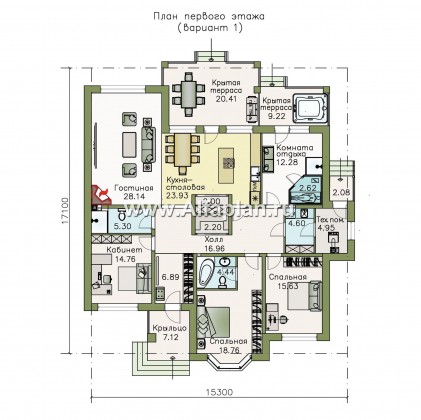 Проекты домов Альфаплан - «Калипсо» - комфортабельный одноэтажный дом  с вариантами планировки - превью плана проекта №1